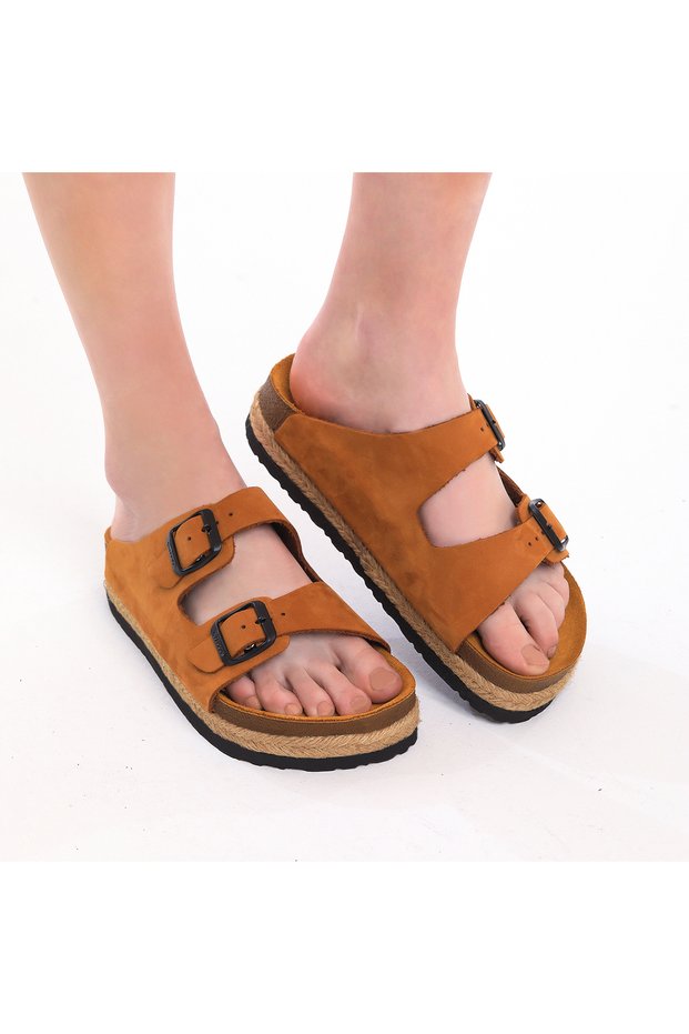 Genuine Leather Straw Detailed Anatomical Sole Tan Women's Slippers