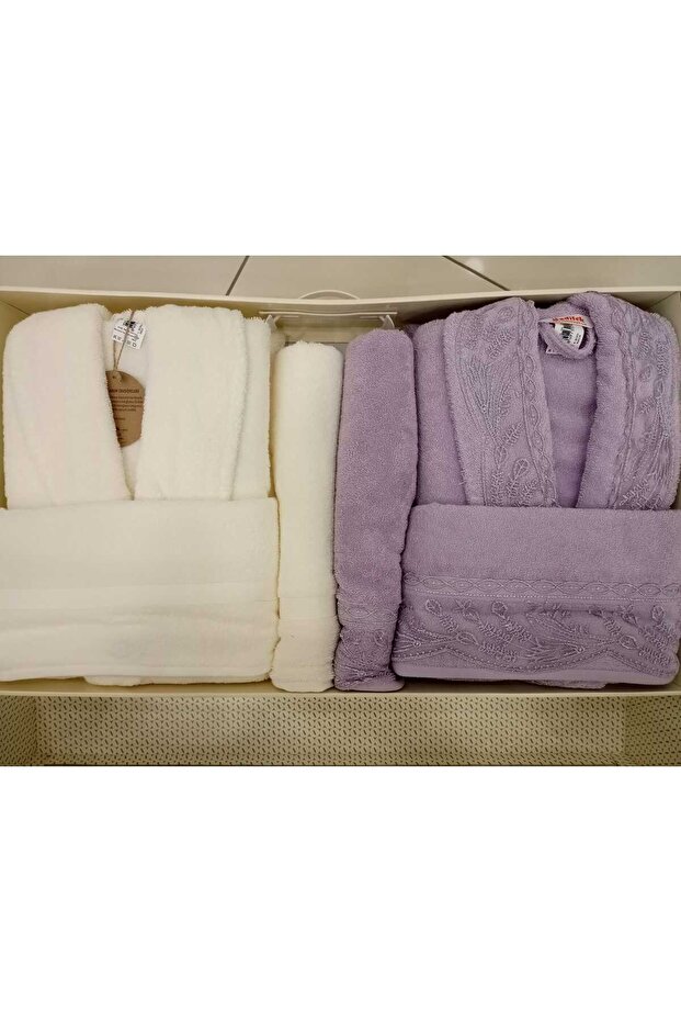 RUBY AİLE SETİ BORNOZ TAKIMI KREM MÜRDÜM - 1