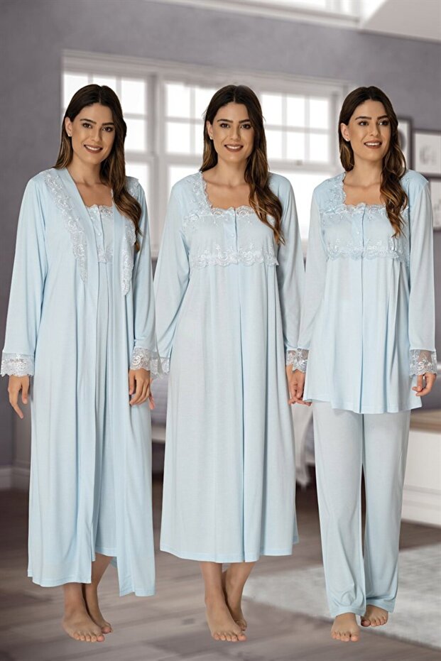 Women's Blue Lace Long Sleeve Cotton Maternity Maternity Dressing Gown Pajamas Set Nightgown Set