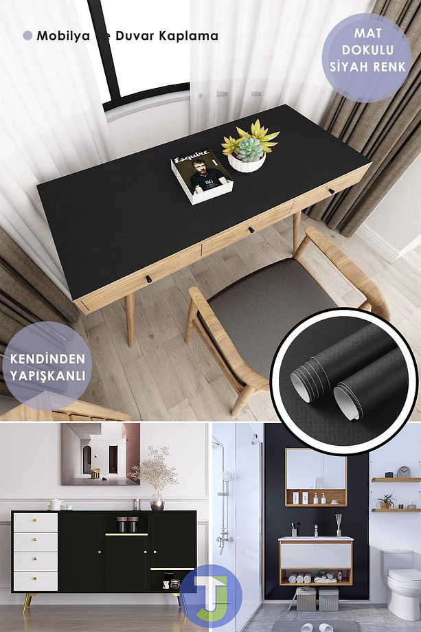 Kendinden Yapışkanlı Mat Siyah Mutfak Banyo Tezgah Duvar Dolap Ve Masa Kaplama 60cmx300cm - 3