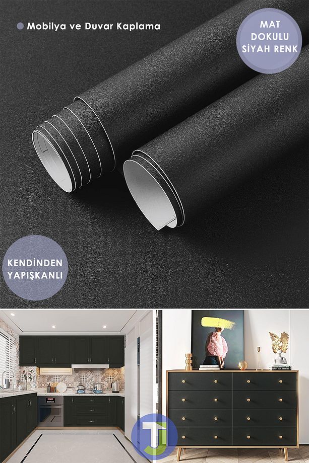 Kendinden Yapışkanlı Mat Siyah Mutfak Banyo Tezgah Duvar Dolap Ve Masa Kaplama 60cmx300cm - 1