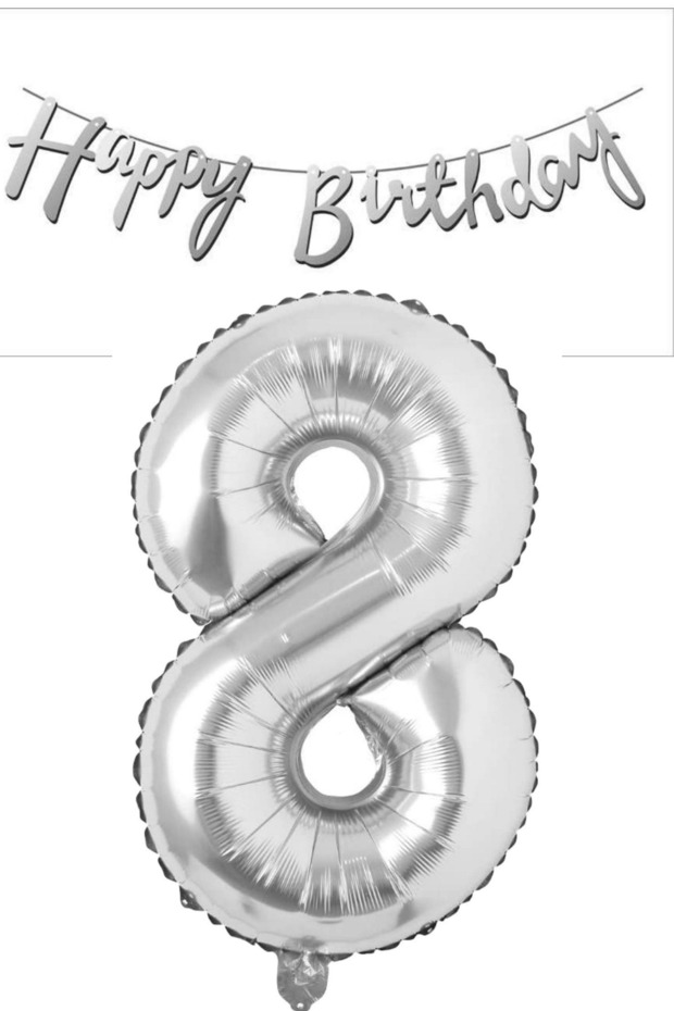 Happy Birthday Written Pennant and 8 Numbers Foil Balloon
