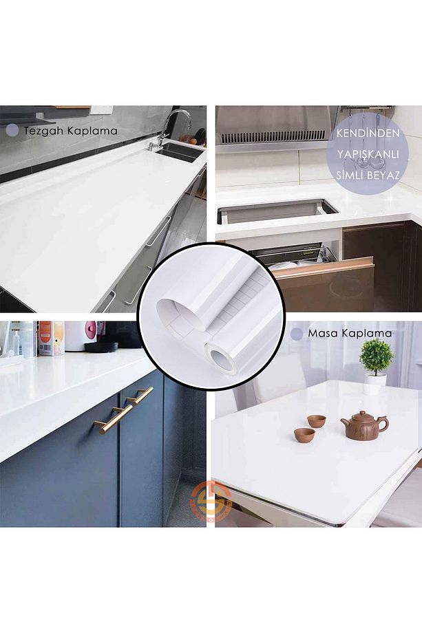 60cm×100cm Kendinden Yapışkanlı Simli Beyaz Duvar Kağıdı Mutfak Dolap Masa Kaplama - 3