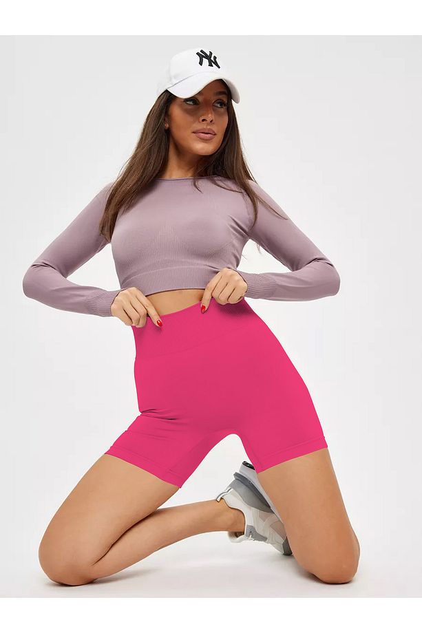 Jerovin Örme Model Biker Şort Düz Toparlayan Push Up Etkili Şort Pembe Renk - 3
