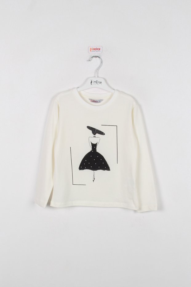Girl's Crew Neck Printed Lace Detailed Long Sleeve T-Shirt