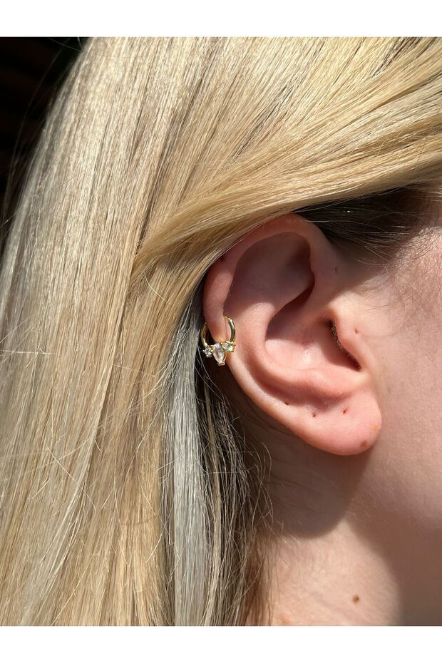 925 Ayar Gümüş Lotus Model Tek Damla Taşlı Halka Piercing 14 Ayar Altın Kaplama - 2