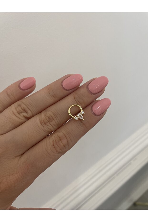 925 Ayar Gümüş Lotus Model Tek Damla Taşlı Halka Piercing 14 Ayar Altın Kaplama - 4