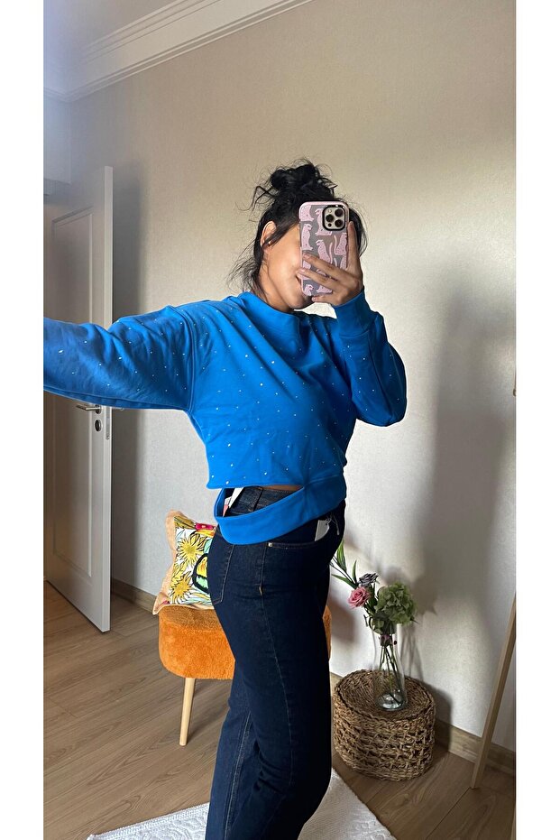 Sax Mavi Taş Baskılı Sweatshirt - 6