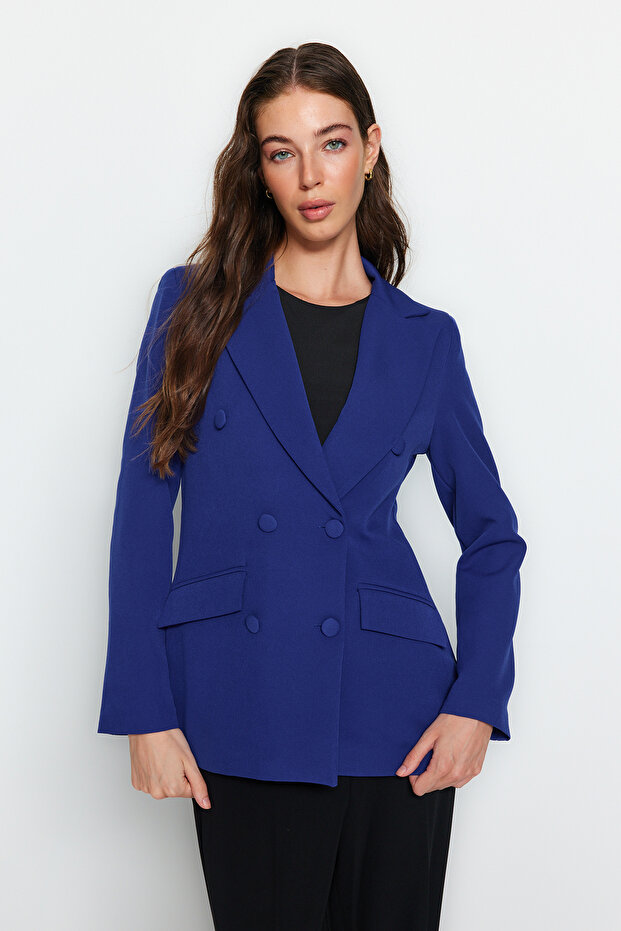 Saks Regular Lined Double Breasted Closure Woven Blazer Jacket TWOSS21CE0137 - 7