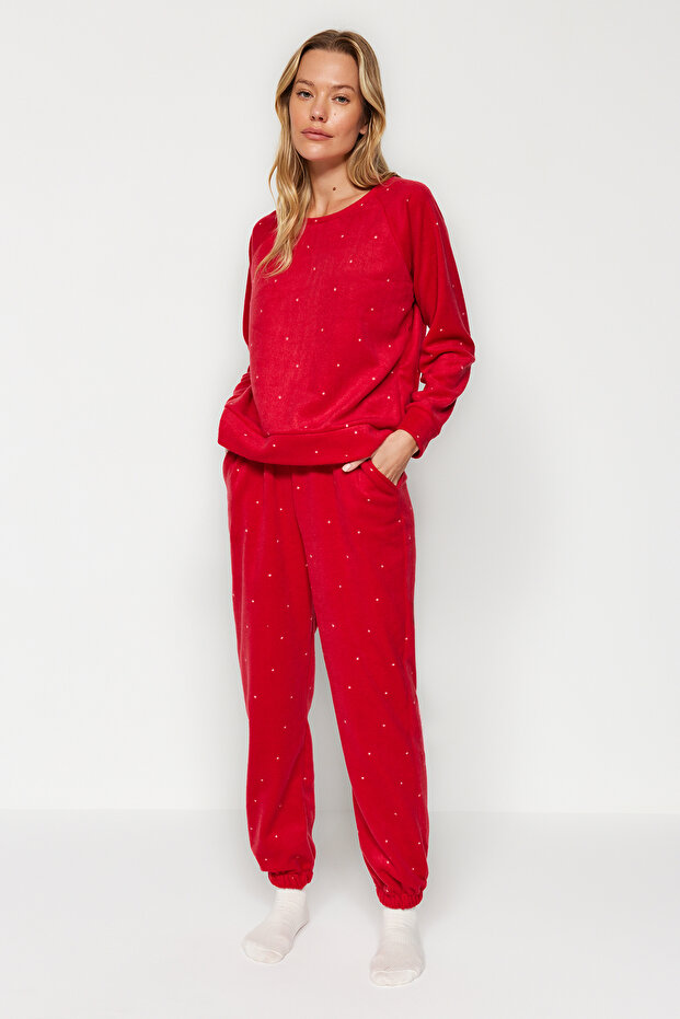 Kırmızı Puantiyeli Polar Kışlık Örme Pijama Takımı THMAW24PT00032 - 4