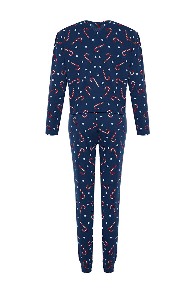 Lacivert %100 Pamuklu Yılbaşı Temalı Örme Pijama Takımı THMAW21PT0771 - 9