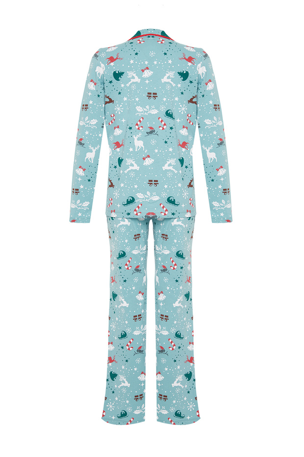 Turkuaz %100 Pamuklu Kış Yılbaşı Temalı Örme Pijama Takımı THMAW22PT1211 - 8