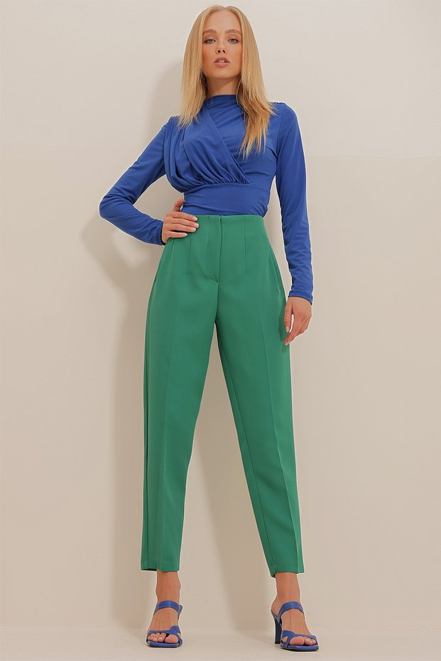 Women's Emerald Green High Waist Front Darts Fillet Pocket Tube Leg Trousers ALC-X10990