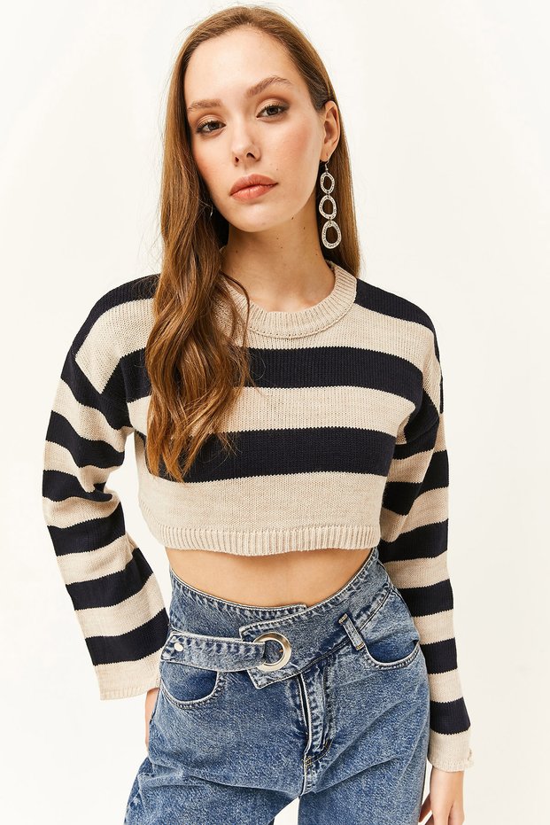 Women's Stone Spanish Sleeve Striped Crop Knitwear Sweater KZK-19000657