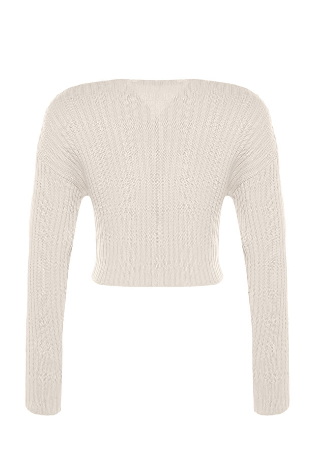 Ekru Crop Basic V Yaka Triko Kazak TWOAW24KZ01214 - 12