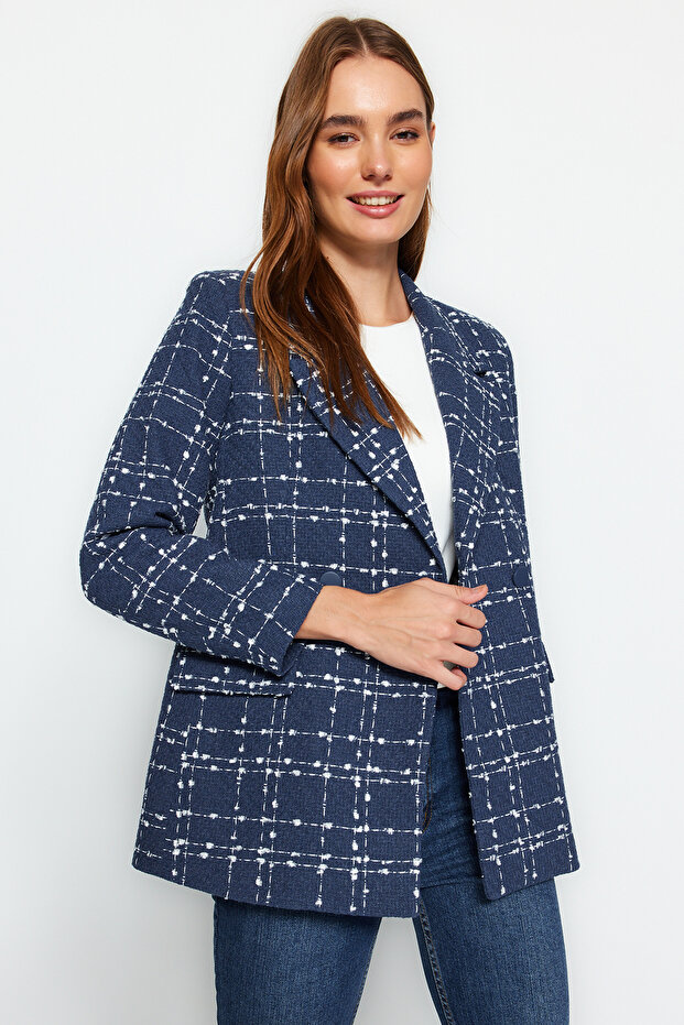 Lacivert Tüvit Regular Dokuma Ekose Blazer Ceket TWOAW21CE0105 - 2