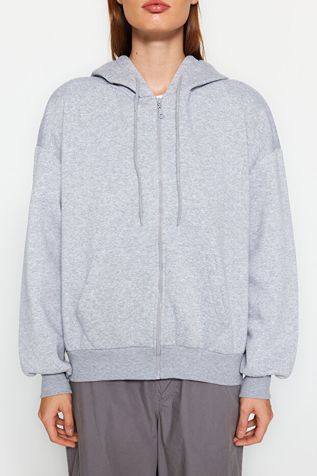 Gri Oversize/Rahat Kesim Basic Kapuşonlu Fermuarlı Kalın İçi Polarlı Örme Sweatshirt TWOAW24SW00188 - 4