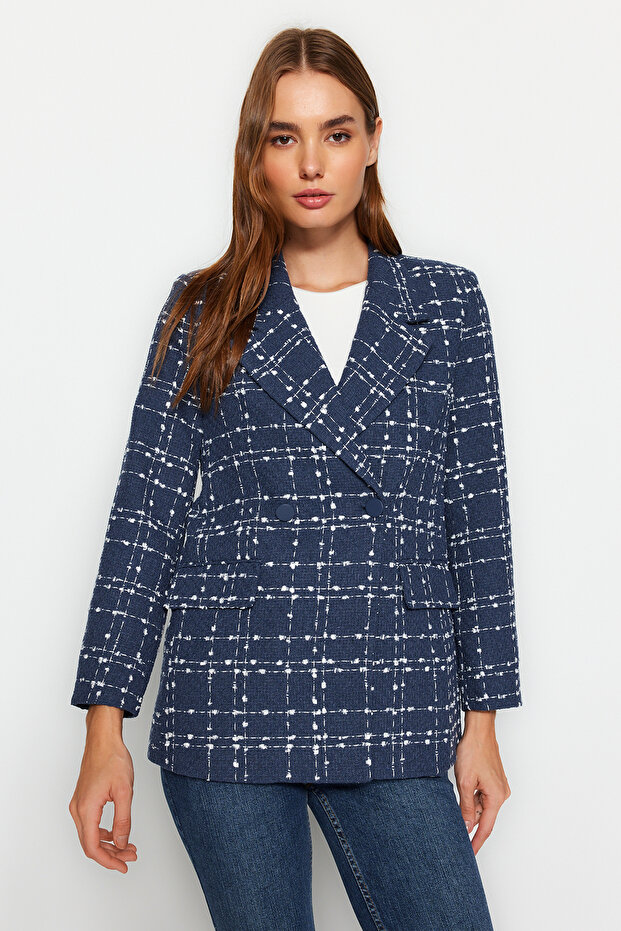 Lacivert Tüvit Regular Dokuma Ekose Blazer Ceket TWOAW21CE0105 - 3