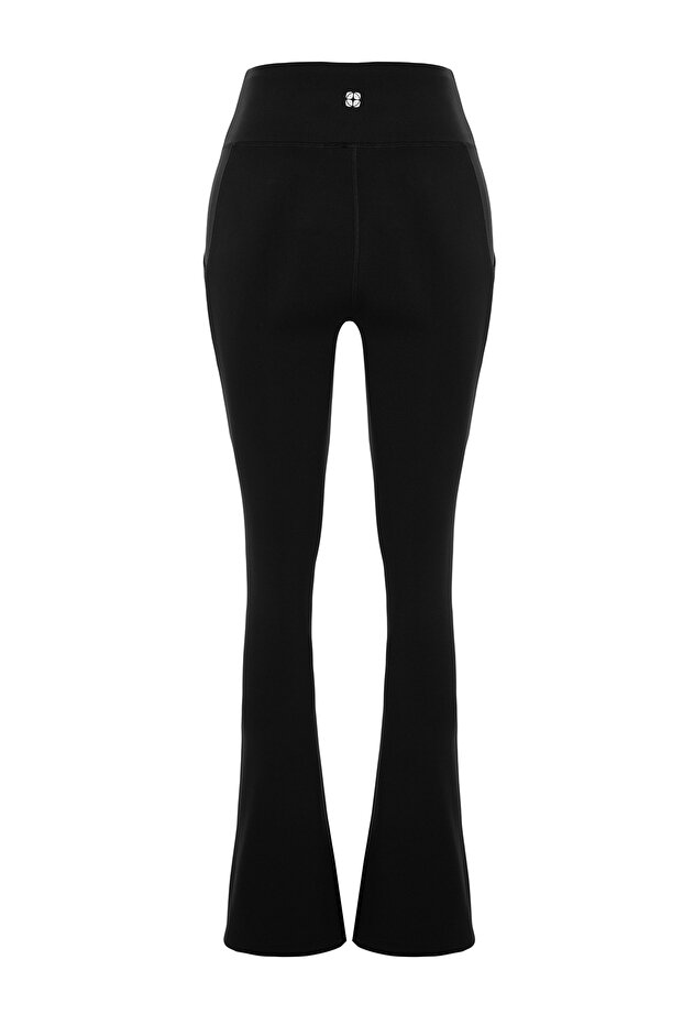 Siyah Fırçalı Soft Kumaş Reflektör Baskılı İspanyol Paça Yoga Örme Spor Tayt THMAW24TY00066 - 6