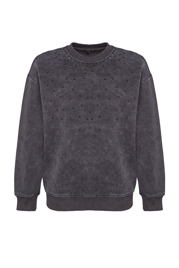 Antrasit Eskitme/Soluk Efektli Kalın İçi Polarlı İnci Detaylı Regular Örme Sweatshirt TWOAW24SW00152 - 7