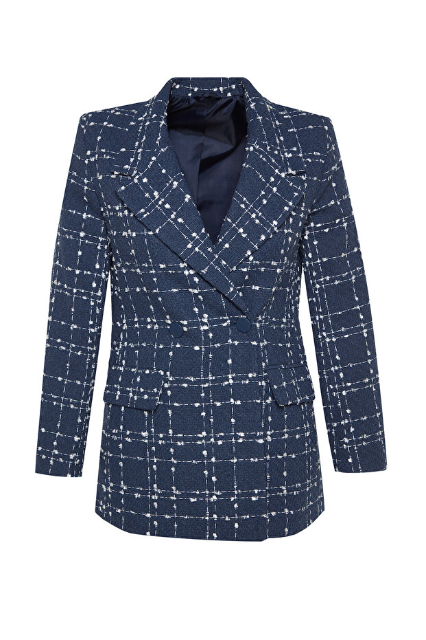 Lacivert Tüvit Regular Dokuma Ekose Blazer Ceket TWOAW21CE0105 - 6