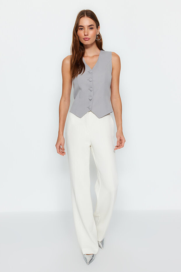 Anthracite Fitted Buttoned Crop Woven Vest Twoss21Ye0009