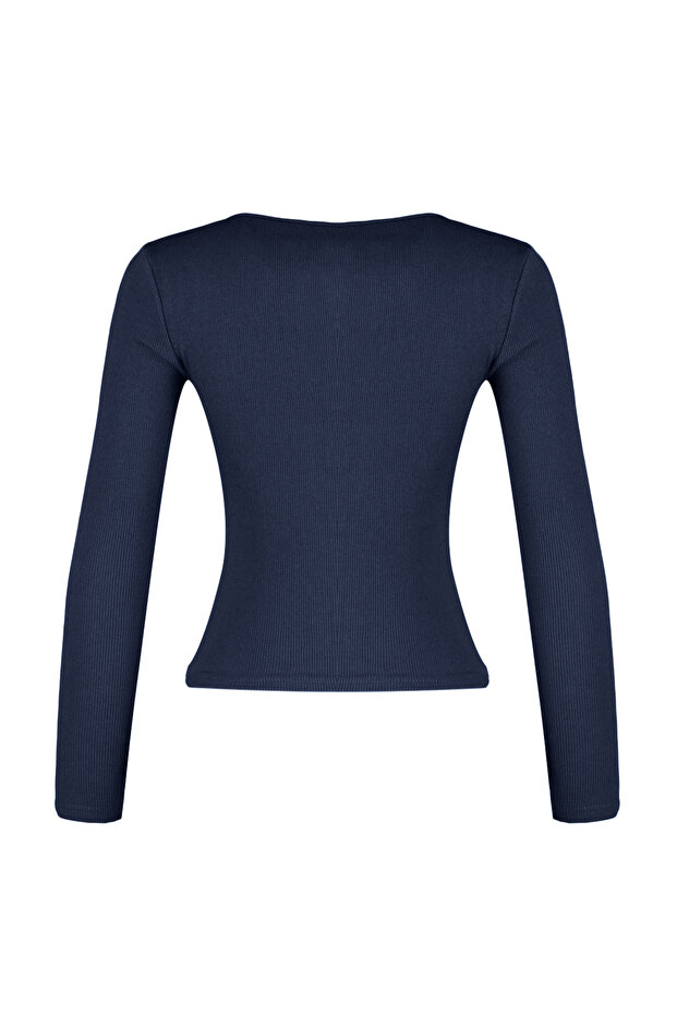 Indigo Fitted/Vücuda Oturan Kruvaze Yaka Uzun Kol Fitilli Esnek Örme Bluz TWOAW21BZ1274 - 3
