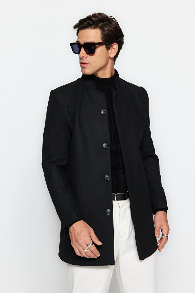 Siyah Slim Fit Dik Yaka Kışlık Kaşe Kaban TMNAW24KB00005