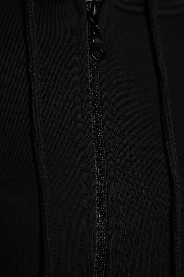 Siyah Oversize/Rahat Kesim Basic Kapuşonlu Kalın İçi Polarlı Örme Sweatshirt TWOAW24SW00188 - 9