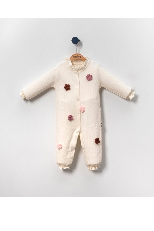 Cream flore soft front snap fastener braided flower woven baby jumpsuit
