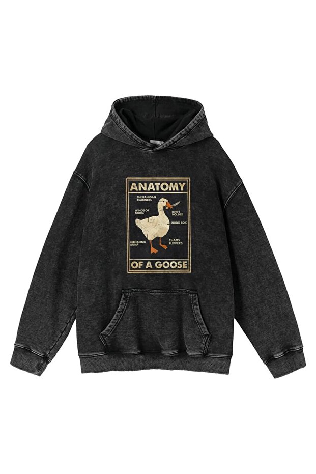 Duck Anatomy Baskılı Yıkamalı Vintage Unisex Oversize Kapüşonlu Sweatshirt - 1