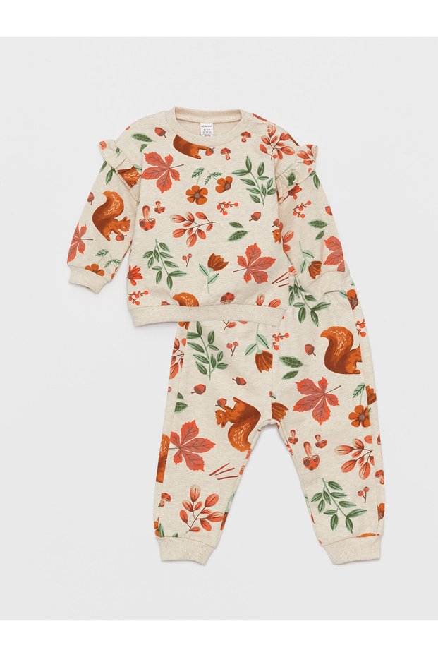 Crew Neck Long Sleeve Patterned Baby Girl Sweatshirt and Trousers Set of 2