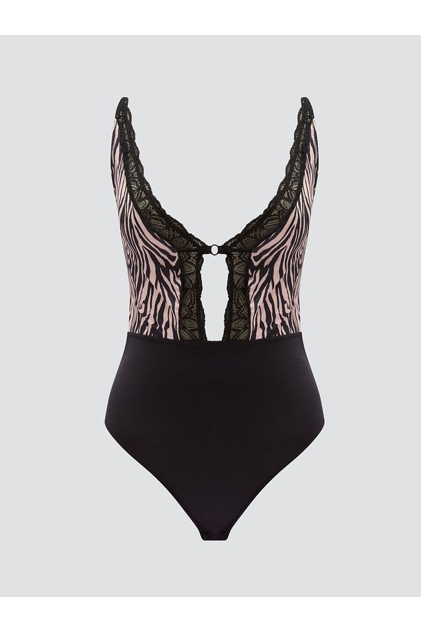 V Yaka Dantelli Zebra Desen Bodysuit Xs - 1