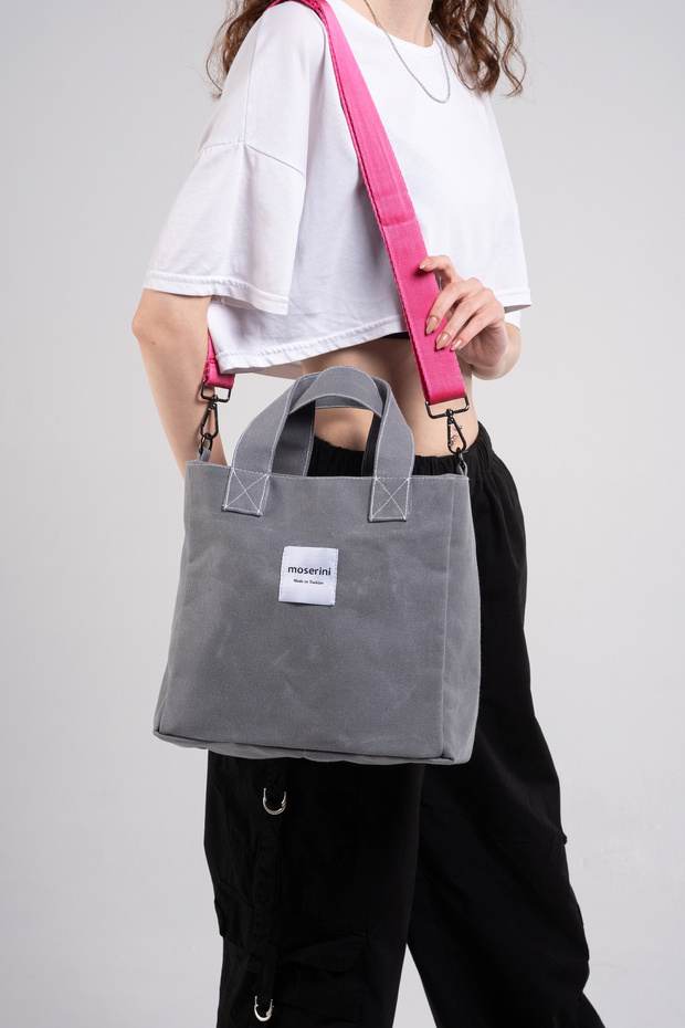 M Bag Women's Gray Waxed Canvas Antique Bag Fuchsia Shoulder Strap Tote Bag