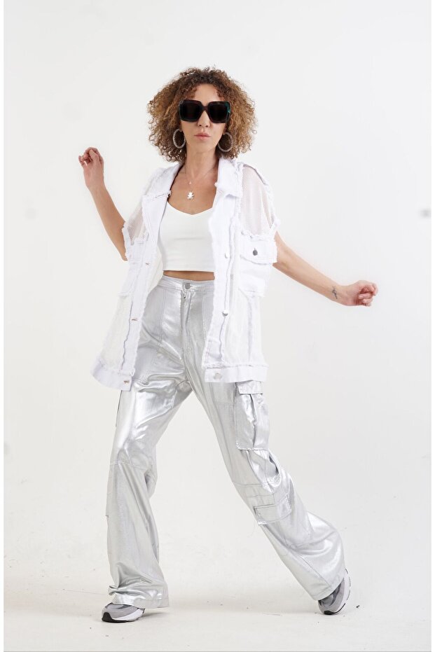 Silver Cargo Pocket Shiny Trousers