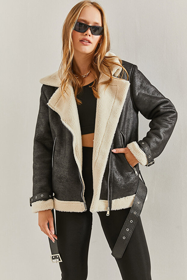 Women's Black Belted Laminated Suede Coat with Fur Sleeves and Hem 40961006