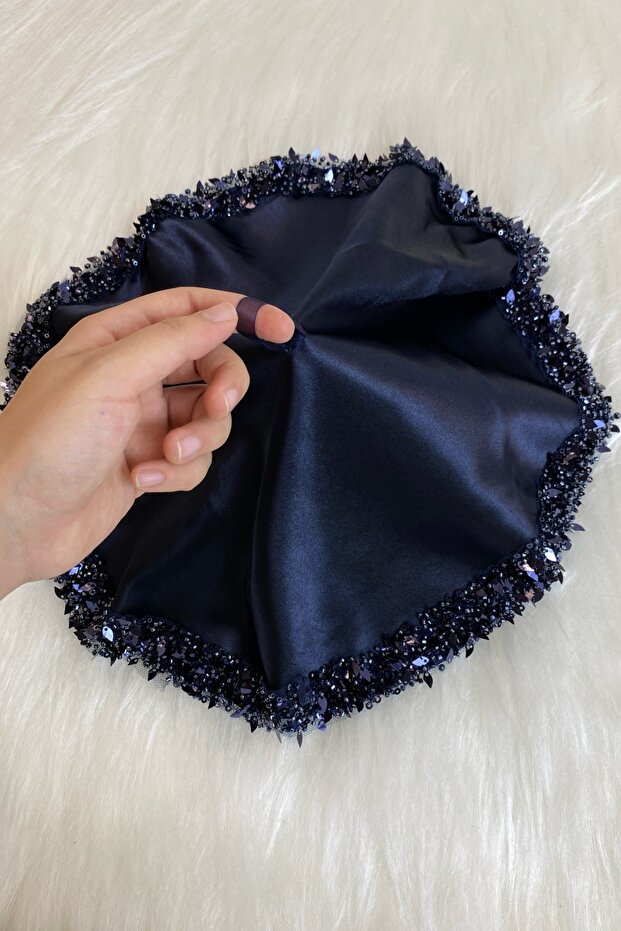 Navy Blue Bridal Handkerchief, Halay Handkerchief, Sequined Beaded Pearl and Stone Leaf Detail