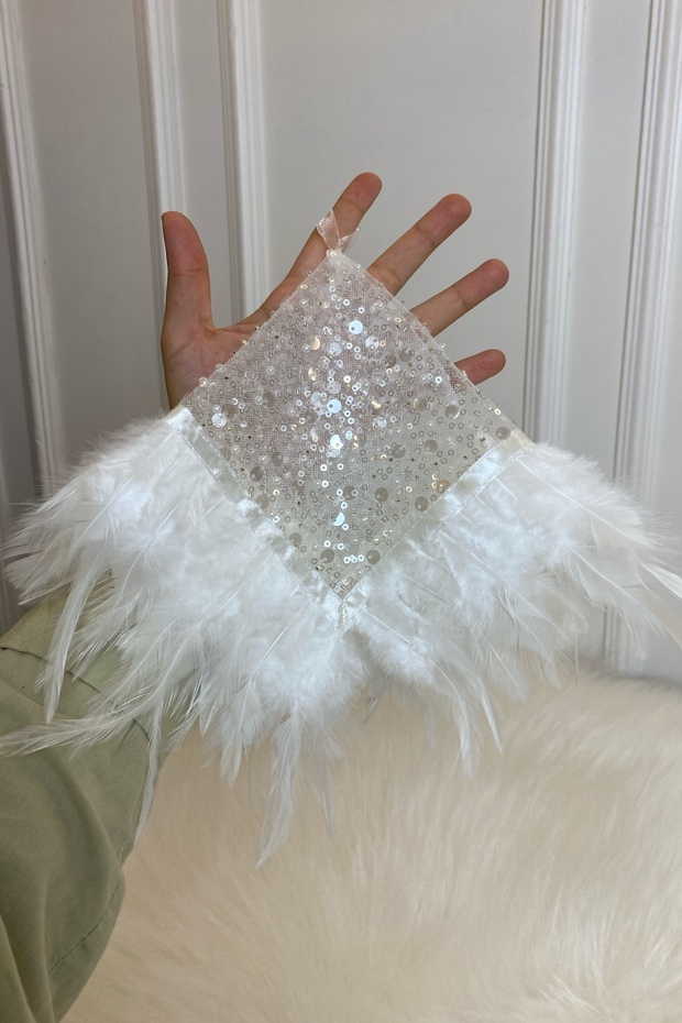 White Authentic Vip Bridal Handkerchief, Halay Handkerchief, Beaded Pearl Sequins and Feather Detail