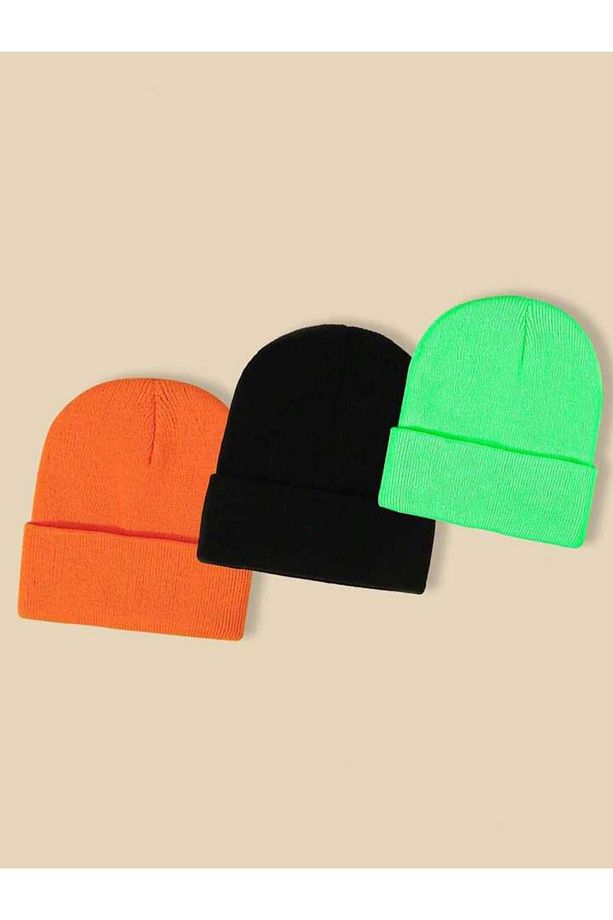 Turuncu Siyah Yeşil Üçlü Set Unisex Katlamalı Triko Düz Bere - 1