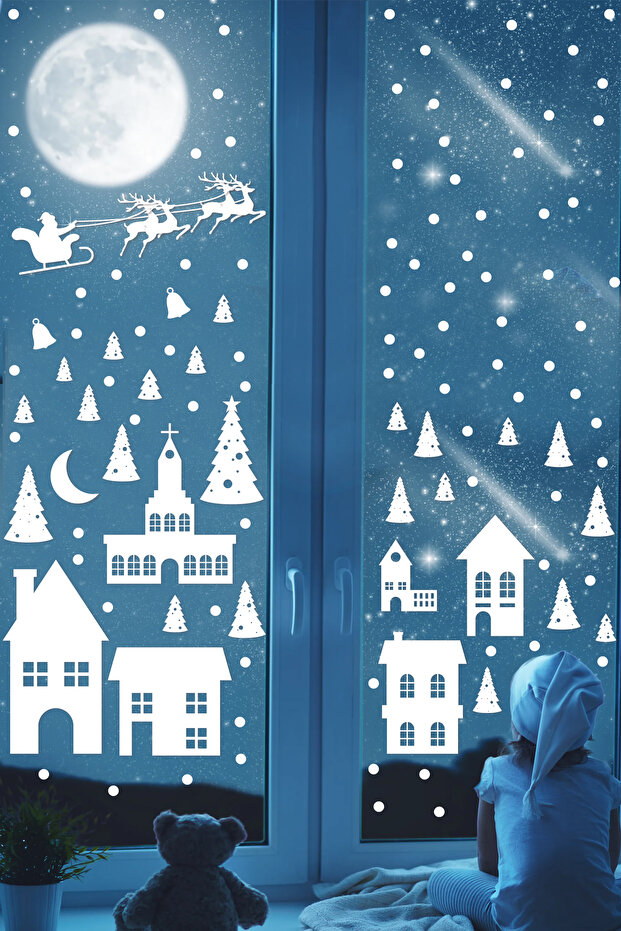 New Year Snowy City Themed White Objects New Year Glass Sticker