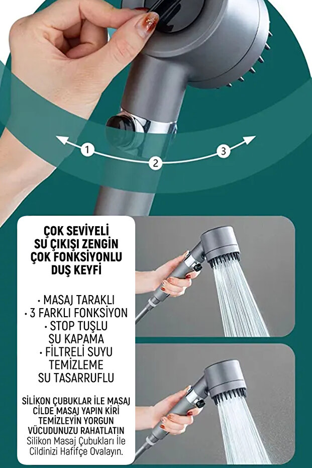 Yeni Nesil Masajlı Filtreli Stop Tuşlu 3 Fonksiyonlu Su Tasarruflu Basınçlı Duş Başlığı - 3
