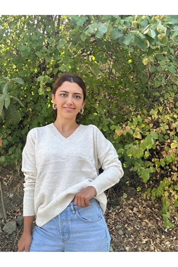 V Yaka Bol Kesim Basic Uzun Kollu Triko Kazak-Ekru - 1