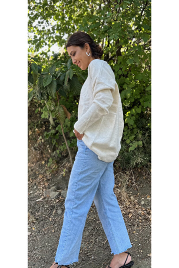 V Yaka Bol Kesim Basic Uzun Kollu Triko Kazak-Ekru - 8