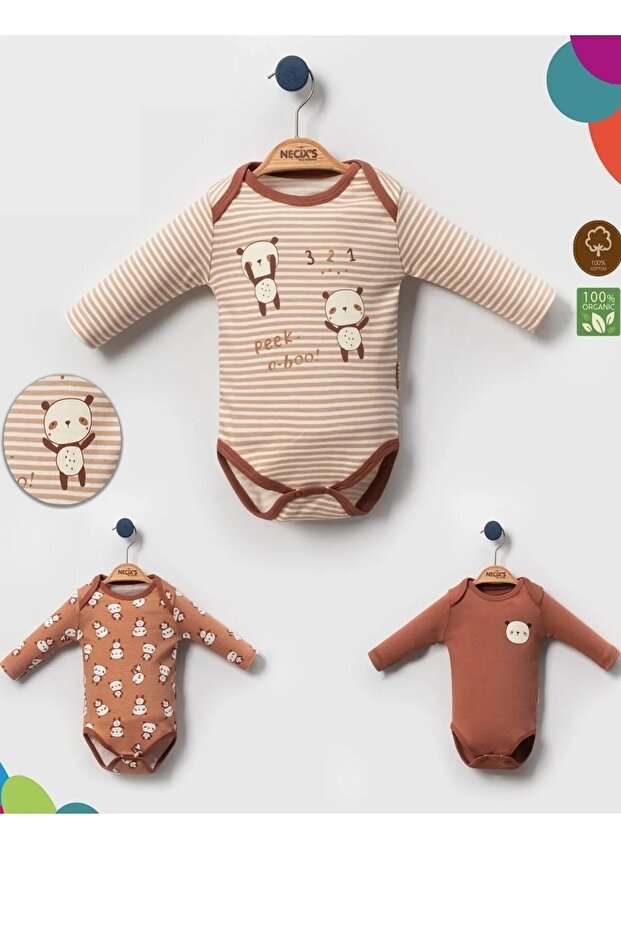 CHOCOLATE PANDA Print Emblem Berlin Sleeve 3-Piece Baby Badi Bodysuit