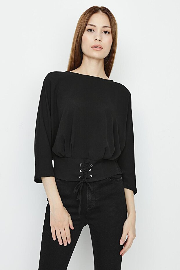 Women's Black Crop Blouse with Waist Detail