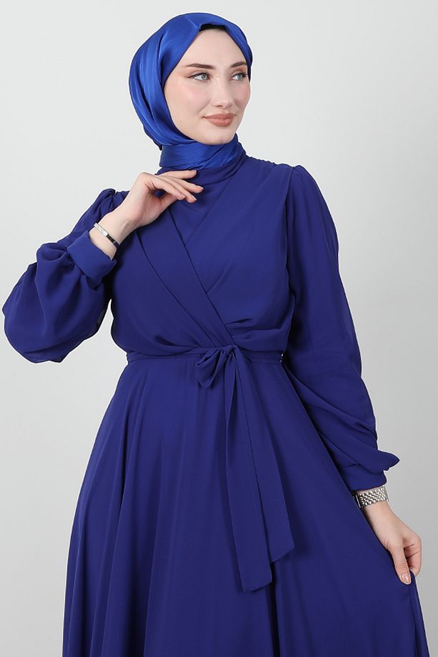 Önü Çapraz Şifon Elbise Gece Mavi - 6