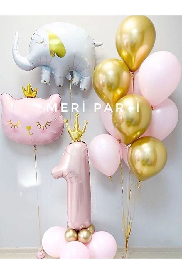 1 Year Old Balloon Concept Set 1 Year Old Birthday Elephant Foil Balloon Cat Foil Balloon Number Foil Balloon
