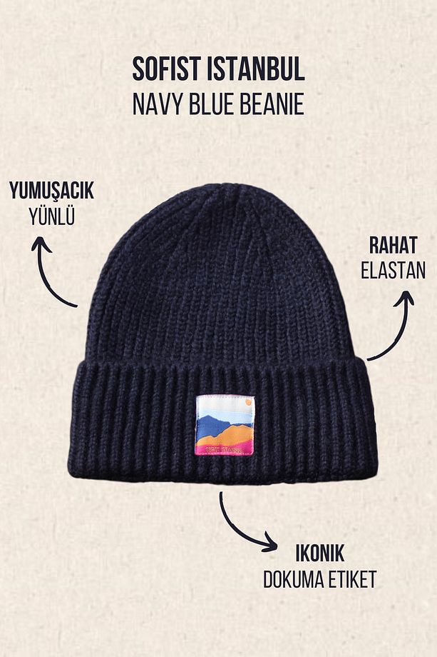 Navy Blue Unisex Beanie Lacivert Dokuma Etiketli Soft Yıkama Yünlü Ve Katlamalı Örgü Bere - 4