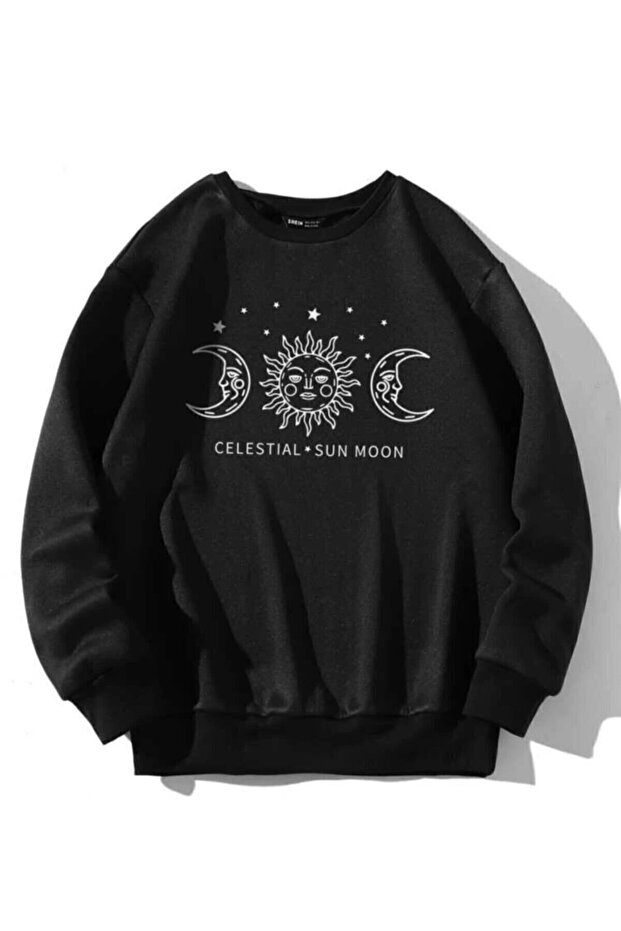 Moon Printed Black Oversize Sweatshirt