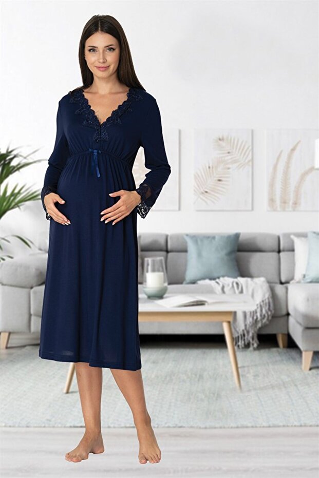 Women's Navy Blue Design Lace Collar Cotton Maternity Nightie